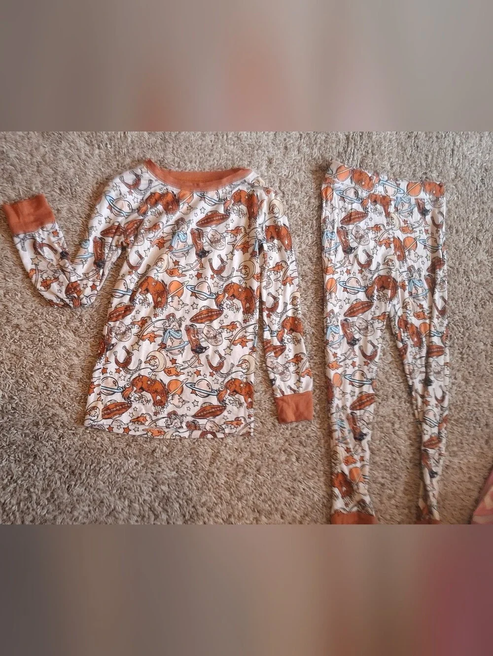 Kids Orange Cowboy And Space Print Long Sleeve Pajama Top
